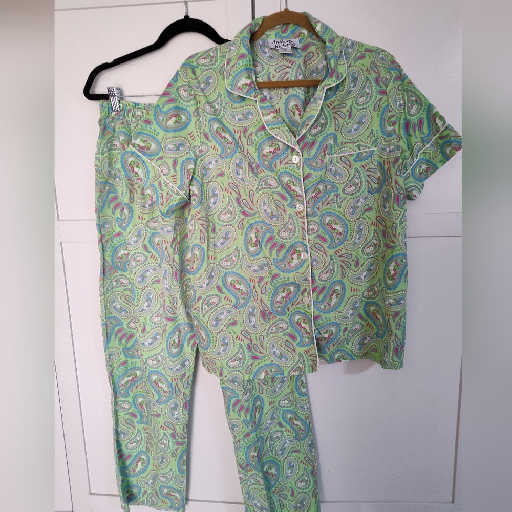 Anthony Richards paisley cotton blend short sleeve green pajamas Sz Lg 10-12 EUC